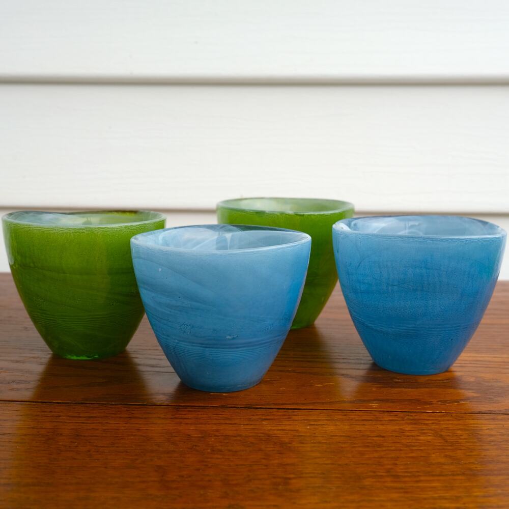 Vintage Sea Glasbruk Blue Green Swirl Glass Votive Candle Holders Set of 4